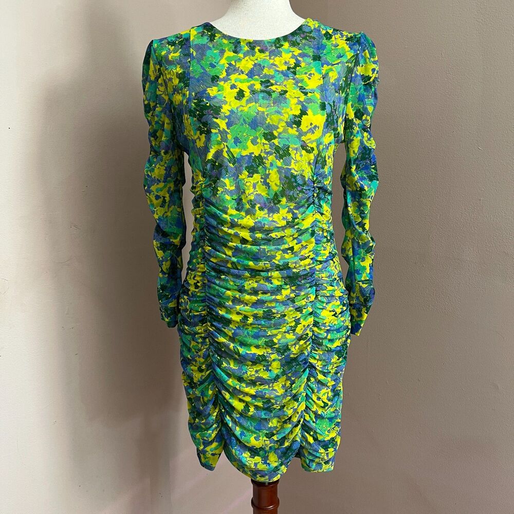 GANNI Ruched Floral Mini Dress Green Yellow Puff Sleeve Scandi Size EU‎ 40 US 8